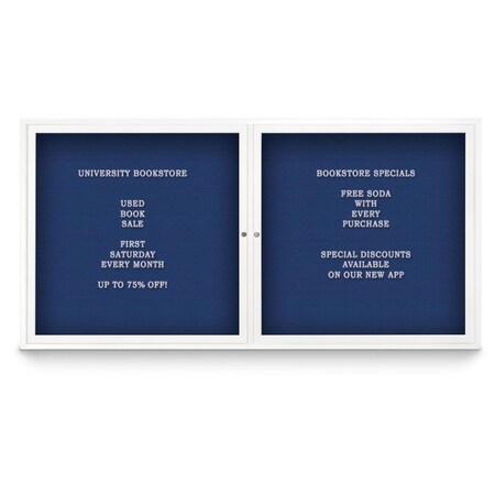 United Visual Products 72"x48" 3-Door Enclosed Outdoor Letterboard, Blue Felt/White UV1164D-WHITE-BLUE